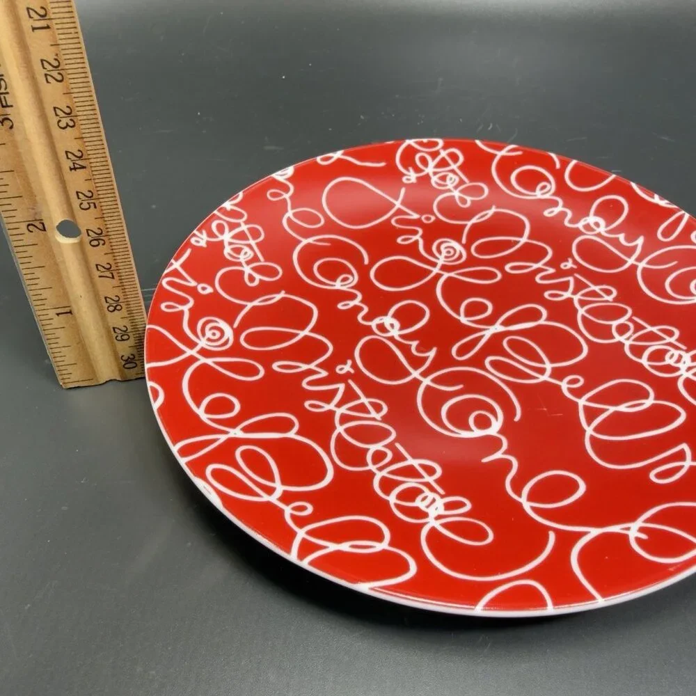 Crate & Barrel Artwork Script Christmas Holiday Dish Plate Set‎ 4 Plates 6.5inch